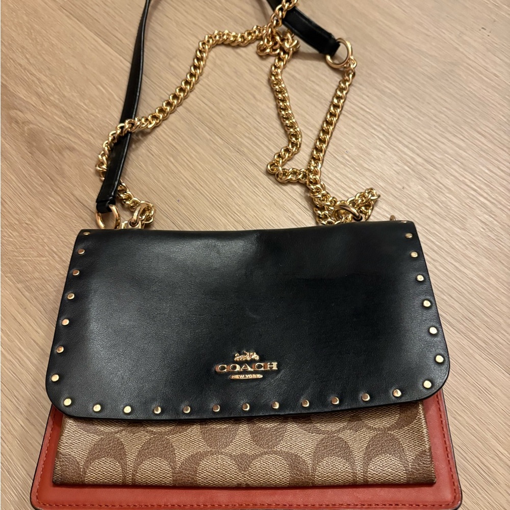 Coach Black and Brown Crossbody Bag with Gold Chain